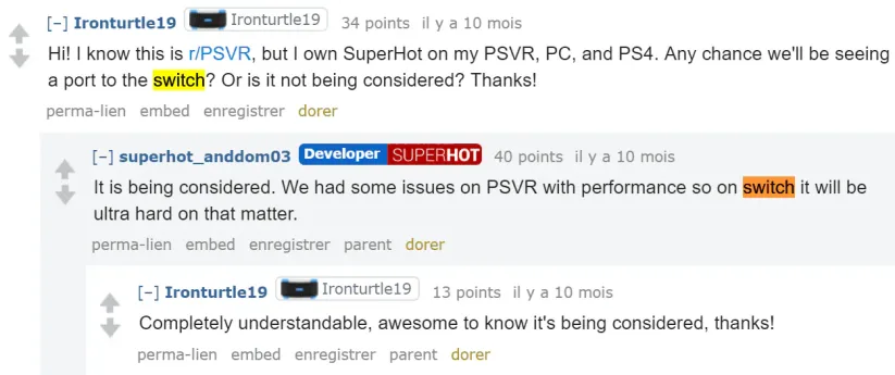 Andrzej Dominowski à propos de Superhot sur Nintendo Switch : Nous étudions cette possibilité. Nous avons eu quelques difficultés de performances sur le PlayStation VR donc sur Switch cette question sera délicate.