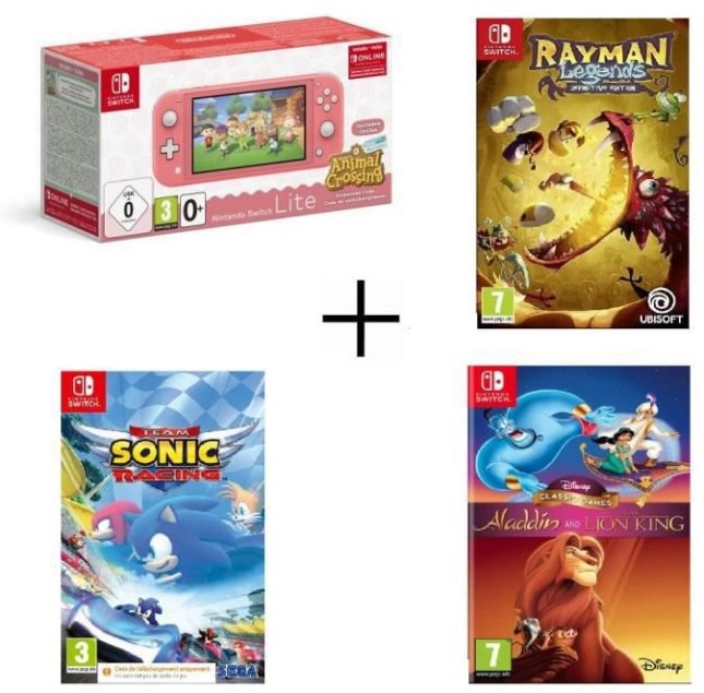 Nintendo Switch Lite Corail Animal Crossing + Team Sonic Racing + Aladdin & Le Roi Lion + Rayman Legends