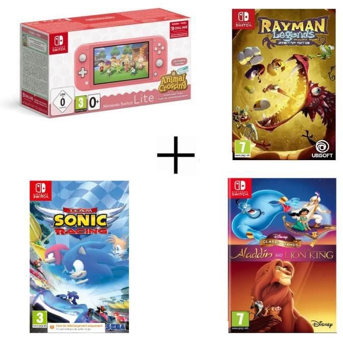 Nintendo Switch Lite Corail Animal Crossing + Team Sonic Racing + Aladdin & Le Roi Lion + Rayman Legends
