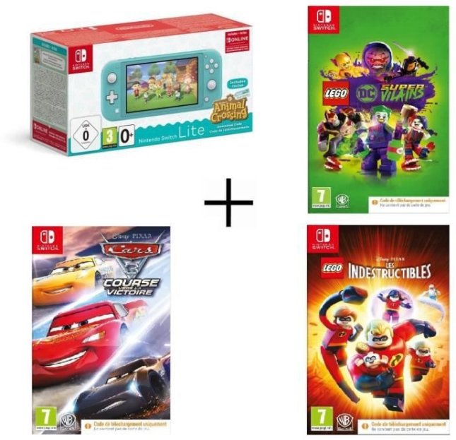 Nintendo Switch Lite Turquoise Animal Crossing + Cars 3 + Lego DC Super-Vilains + Indestructibles