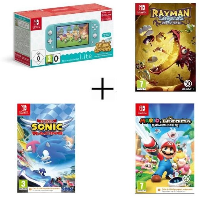 Nintendo Switch Lite Turquoise Animal Crossing + Team Sonic Racing + Rayman Legends + Mario Lapins Crétins Kingdom Battle