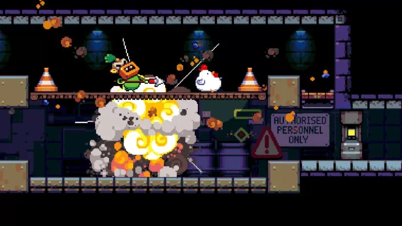 Jeu Bomb Chicken sur Nintendo Switch : pourchassé par une lance