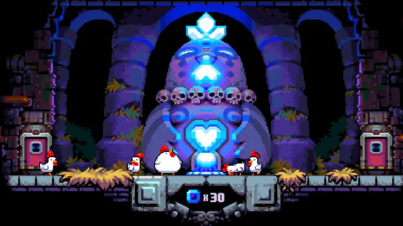 Jeu Bomb Chicken sur Nintendo Switch : offrande de gemmes bleues