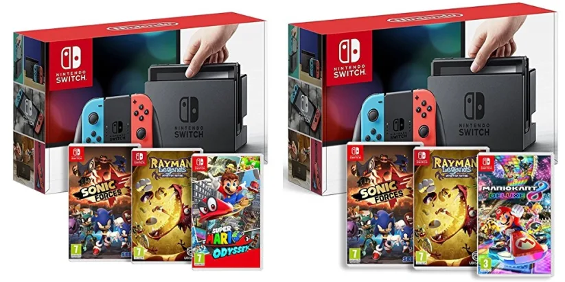Bundles Amazon Console Nintendo Switch + jeux Sonic Forces, Rayman Legends, Super Mario Odyssey, Mario Kart 8 Deluxe