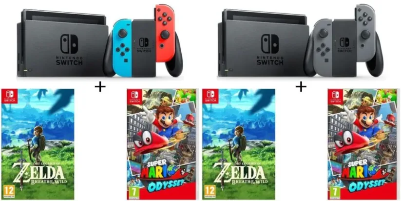 Bundles CDiscount Console Nintendo Switch grise et néon + jeux Zelda Breath of the Wild et Super Mario Odyssey