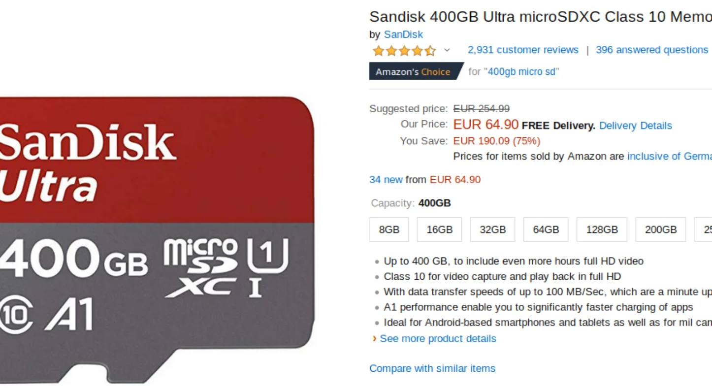 [Promotion] 64€90 pour la carte micro SDXC 400Go SanDisk Ultra