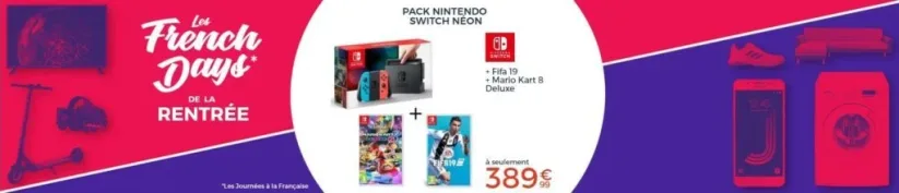 Pack Nintendo Switch néon avec Fifa 19 et Mario Kart 8 Deluxe à 389€99 chez Cdiscount