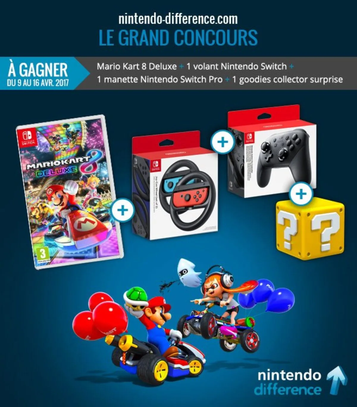Concours : gagnez la combo Mario Kart 8 Deluxe + 2 volants + manette Switch Pro + 1 goodies collector