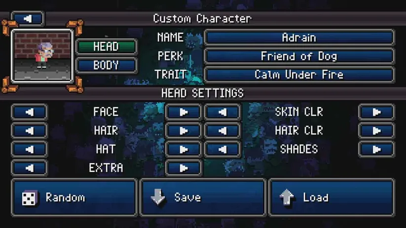 Jeu Death Road to Canada sur Nintendo Switch : customization du personnage