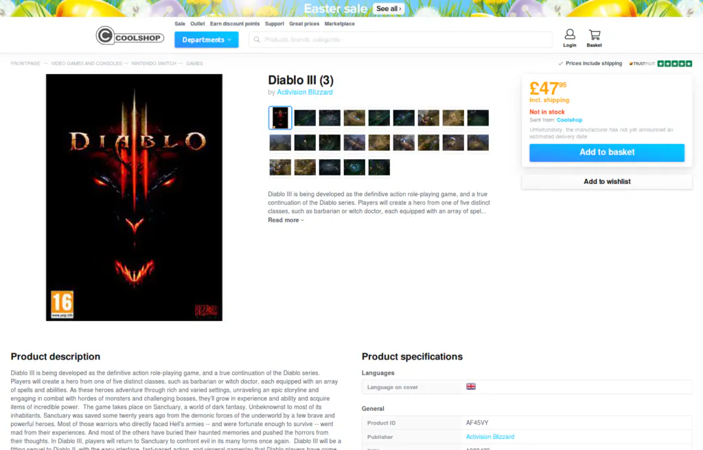 Diablo III sur Nintendo Switch listé chez Coolshop : page produit 1/2