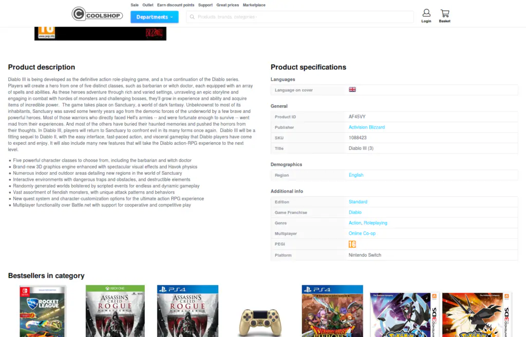 Diablo III sur Nintendo Switch listé chez Coolshop : page produit 2/2