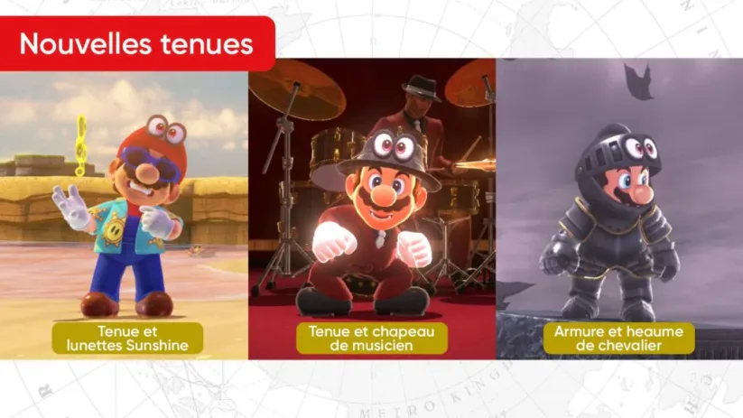 1er DLC Super Mario Odyssey : 3 nouvelles tenues, la chemise et les lunettes Sunshine, l'armure et le hameau de chevalier ainsi que le costume et chapeau de musicien