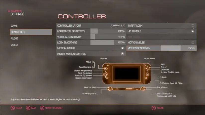 Jeu Doom sur Nintendo Switch : menu options gyroscope de la version 1.1.1