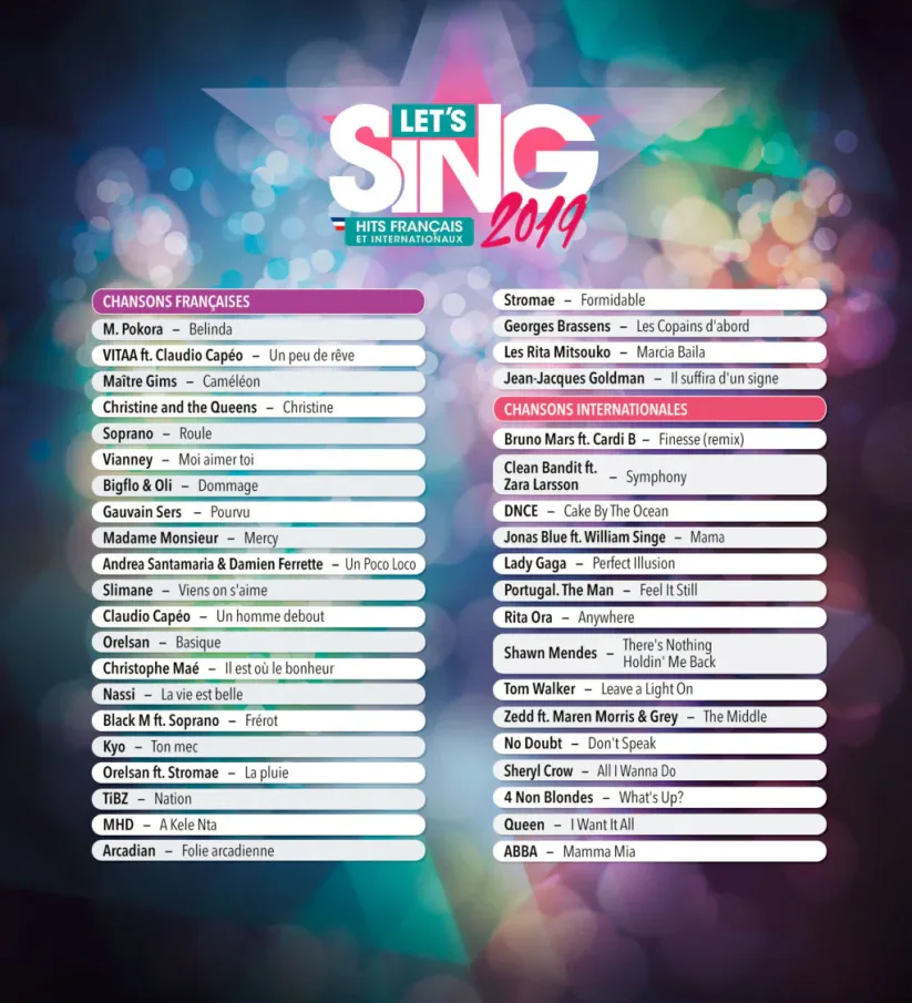 Jeu Let's Sing 2019 sur Nintendo Switch : tracklist