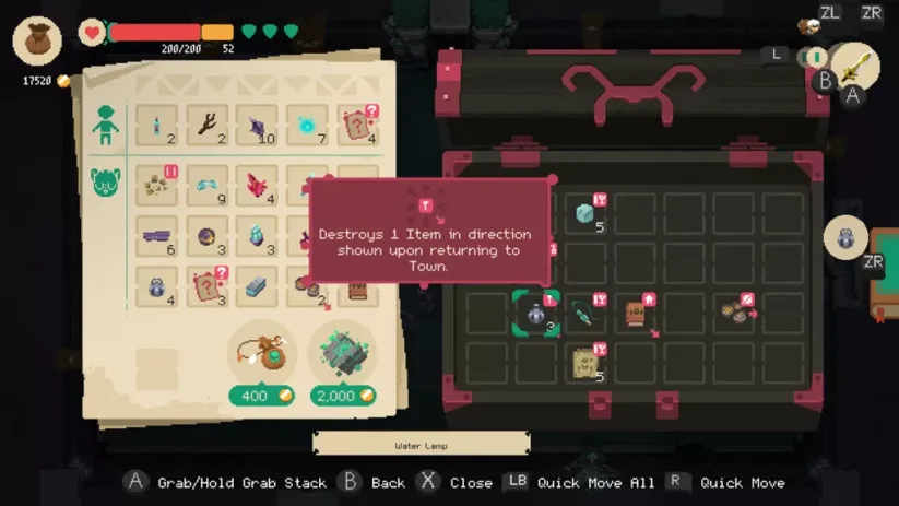 Jeu Moonlighter sur Nintendo Switch : aperçu de l'inventaire