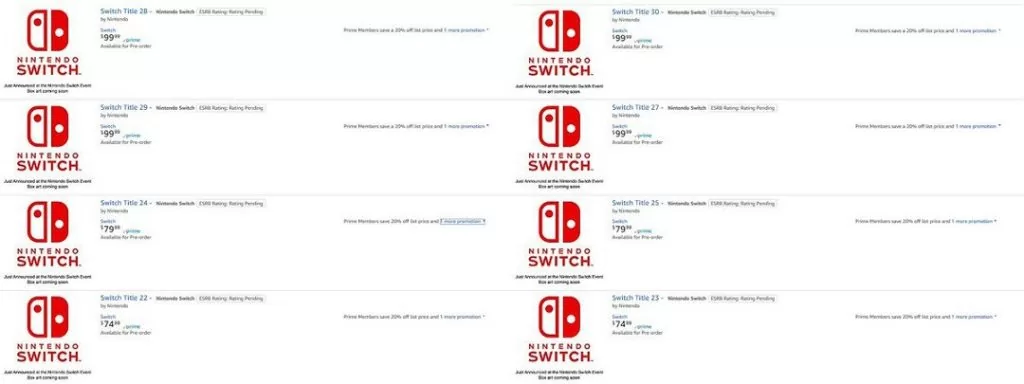 Placeholders Amazon.com concernant de nouveaux jeux Nintendo Switch à venir en 2018