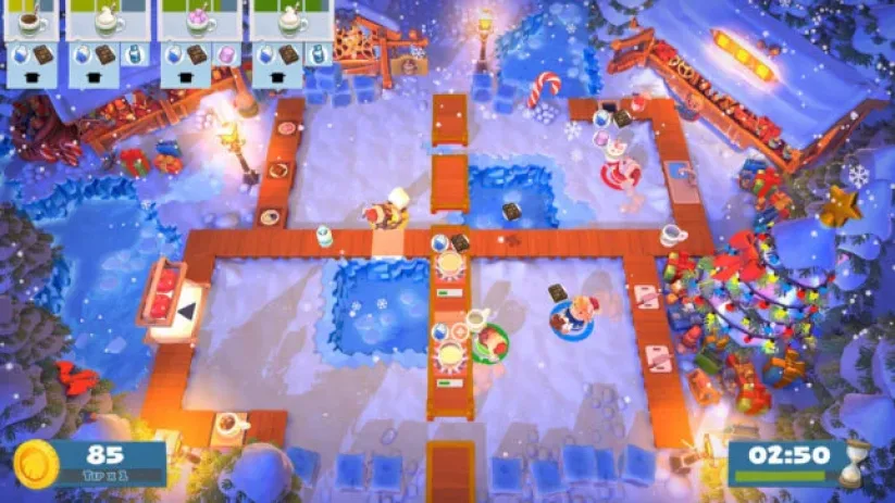Jeu Overcooked! 2 sur Nintendo Switch : aperçu d'un niveau de Kevin's Christmas Cracker