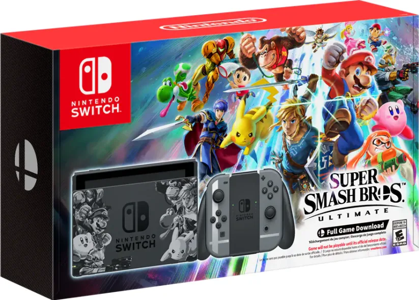 Bundle Super Smash Bros Ultimate avec console, manettes et jeu : packaging