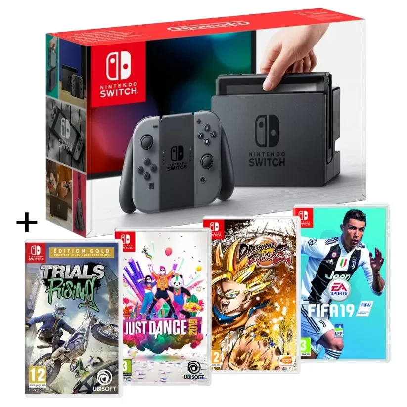 Pack Console Nintendo Switch Grise + Trials Rising + Just Dance 2019 + Dragon Ball FigtherZ + FIFA 19 chez Auchan