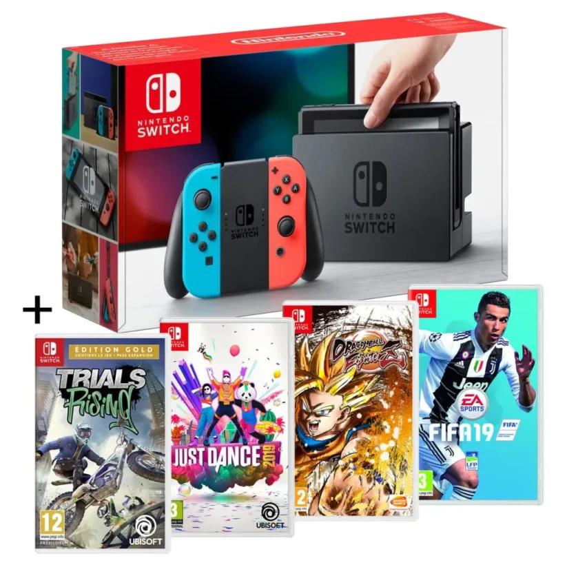 Pack Console Nintendo Switch Néon + Trials Rising + Just Dance 2019 + Dragon Ball FigtherZ + FIFA 19 chez Auchan