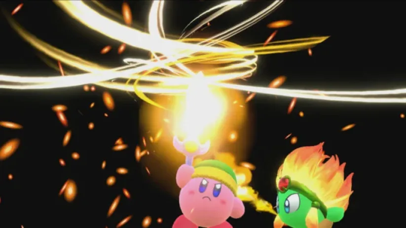 Screenshot du jeu Kirby Star Allies sur Nintendo Switch : combinaison épée et feu