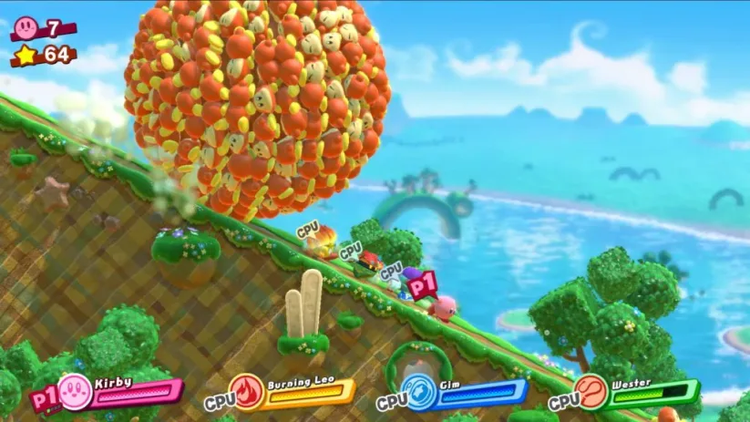 Screenshot du jeu Kirby Star Allies sur Nintendo Switch : une équipe de 4 joueurs en local
