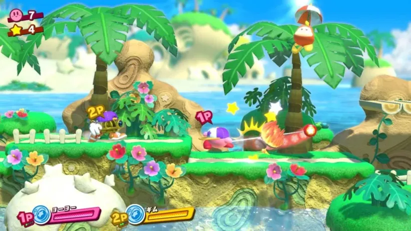 Screenshot du jeu Kirby Star Allies sur Nintendo Switch : une équipe de 4 personnages au maximum