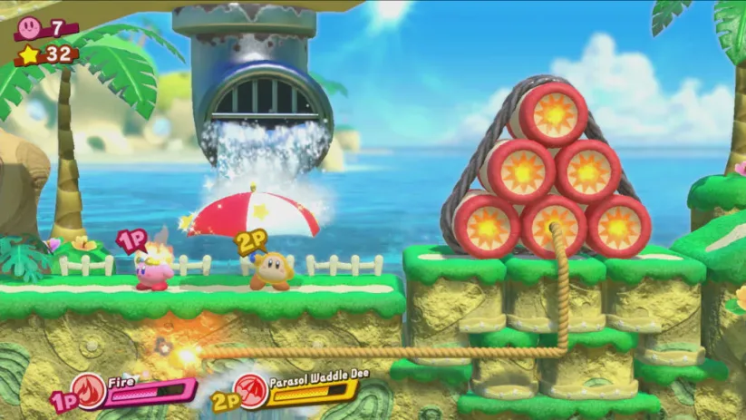 Screenshot du jeu Kirby Star Allies sur Nintendo Switch : image du gameplay à 2 joueurs