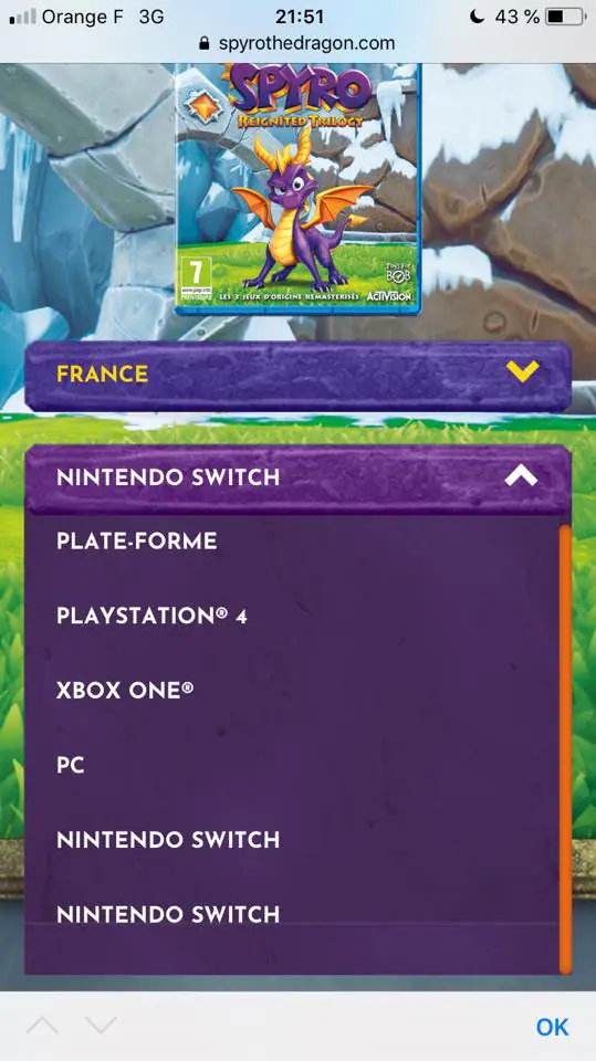Jeu Spyro Reignited Trilogy sur Nintendo Switch : la Switch a été listée sur le site officiel
