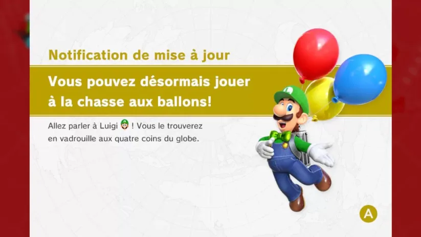 Jeu Super Mario Odyssey sur Nintendo Switch : notification de la chasse aux ballons