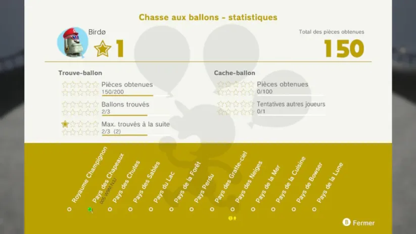 Jeu Super Mario Odyssey sur Nintendo Switch : statistiques de la chasse aux ballons