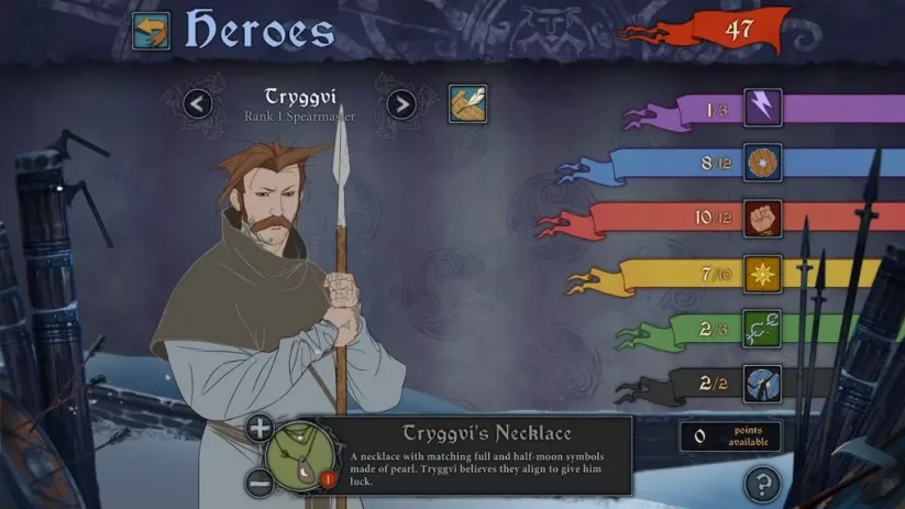 Jeu The Banner Saga sur Nintendo Switch : menu d'amélioration des statistiques d'un héros