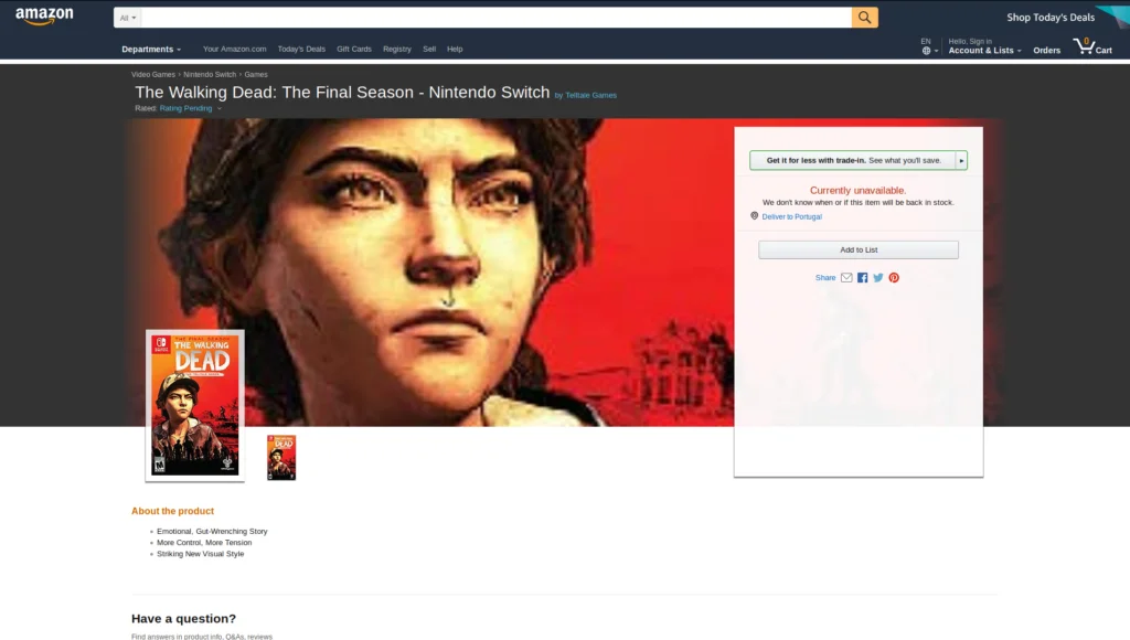 Amazon lance les précommandes pour la version physique de The Walking Dead : L'Ultime Saison sur Nintendo Switch