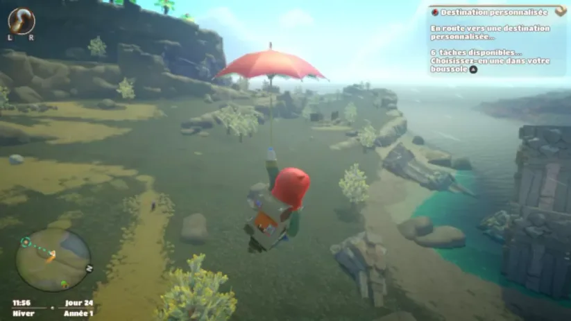 Jeu Yonder The Cloud Catcher Chronicles sur Nintendo Switch : Peu importe la hauteur de la falaise, votre fidèle parapluie est là.