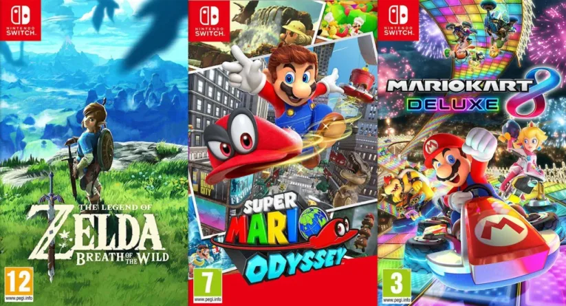 Top 3 des jeux Nintendo Switch : Zelda Breath of the Wild, Super Mario Odyssey et Mario Kart 8 Deluxe